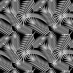 Seamless pattern featuring white tropical palm leaves on a black background, creating a striking and elegant design perfect for textiles, wallpapers, and decorative purposes