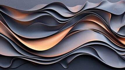 A mesmerizing abstract artwork characterized by intertwining shapes and radiant hues of bronze and slate gray. The textured surface adds depth, while the metallic elements reflect light, creating a