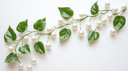 Elegant pearl and leaf garland on white background, ideal for wedding or jewelry ads.