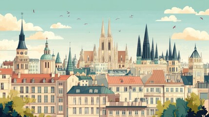 Fototapeta premium An illustration of the cityscape with many tall buildings in the background and a few birds flying in the sky.