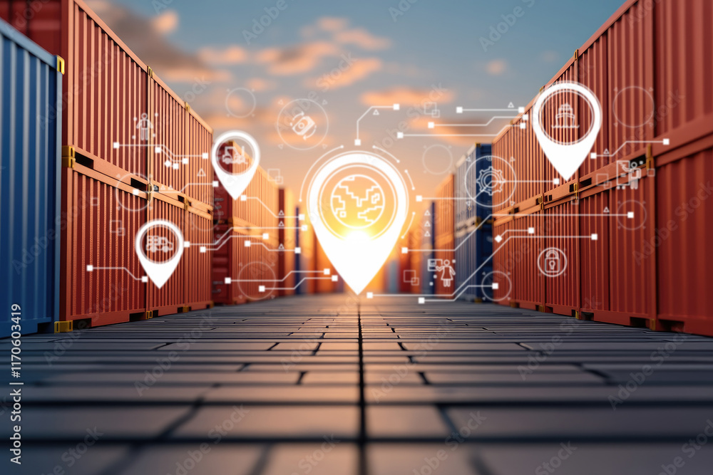 Poster optimizing supply chain management with iot technology in shipping containers at dock digital visual