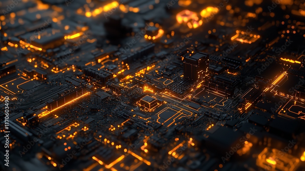 Poster abstract digital circuit board glowing orange technology background 3d data dark lines power light