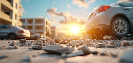 Natural disasters earthquake preparedness concept. A damaged parking lot with debris scattered across the ground and a car in the foreground, illuminated by a bright sunset in the background.
