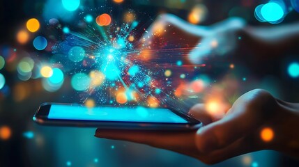 Hands holding a smartphone with a holographic projection of a sparkling burst of light against a blurred background of city lights.