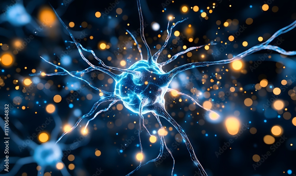 Aufkleber microscopic view of a neuron with glowing synapses.