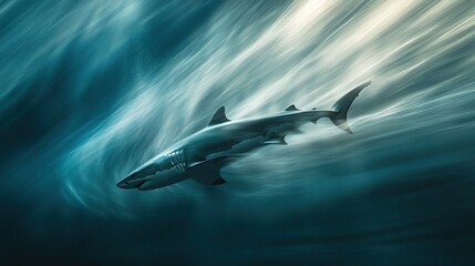 Great white shark swimming in ocean.