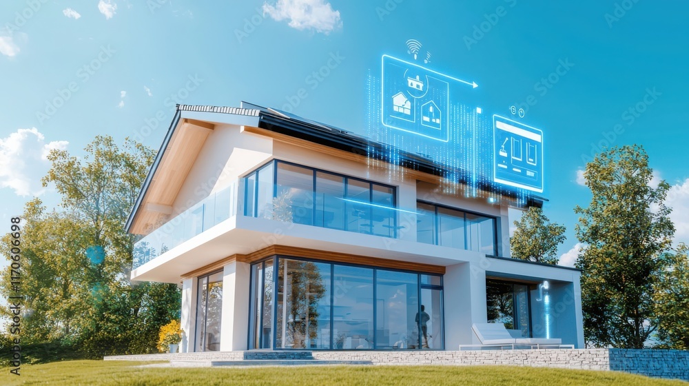 Poster smart home control panel with customer support modern residence digital technology outdoor setting p