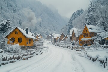 Naklejka premium Snow-covered village, wooden houses, winter scene.
