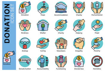Donation icon set. colored outline icon style. icon related to charity. kindness, donate box, humanitarian, and more. donation and charity element vector illustration