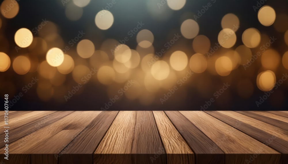 Aufkleber empty brown wooden floor or wood board table with blurred abstract night light bokeh background a se