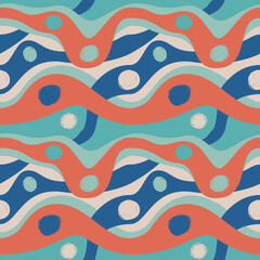 seamless pattern features vibrant, flowing waves in blue, orange, and teal, interspersed with dots, creating a dynamic and playful geometric design