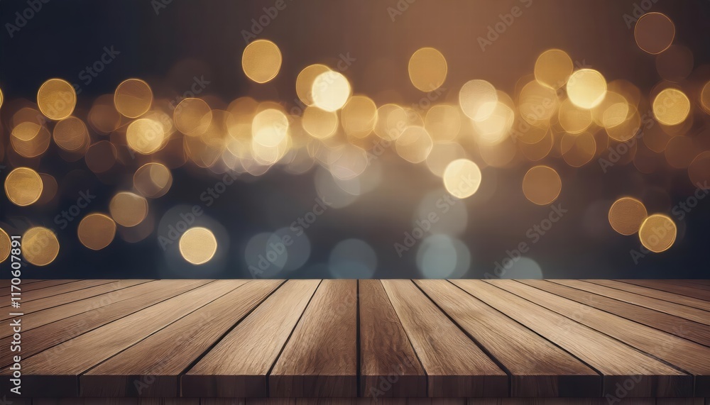 Poster empty brown wooden floor or wood board table with blurred abstract night light bokeh background a se