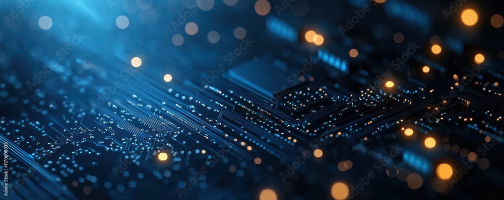 Poster glowing circuit board abstract digital background with blue light and network dots for technology co
