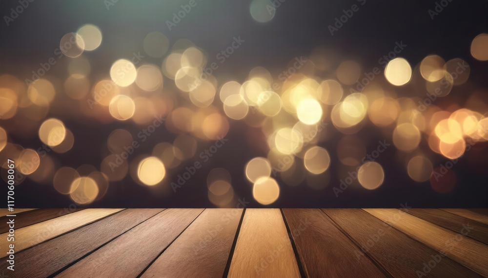 Poster empty brown wooden floor or wood board table with blurred abstract night light bokeh background a se
