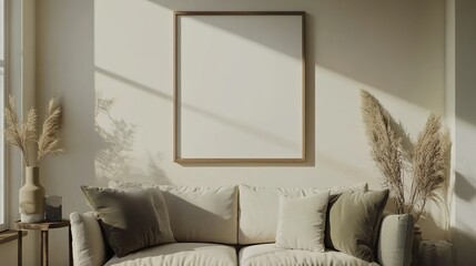 Stylish living room with neutral tones, featuring a cozy sofa, olive green pillows, and an artistic mock up frame print on the wall. Cozy home decor. Template.