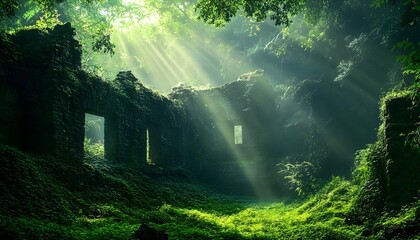 Sunbeams Illuminate Ancient Stone Ruins Overgrown by Lush Green Foliage in a Tranquil Forest Setting