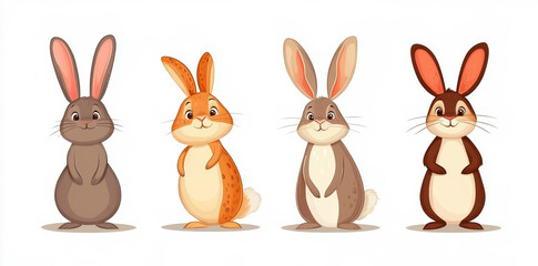 Obraz premium Set of four different cartoon rabbits standing upright isolated on white