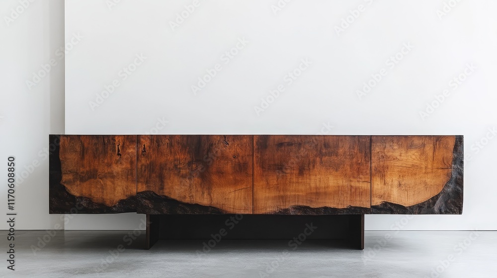 Poster a minimalist sideboard with simple design, placed in front of a large blank white wall, creating a c