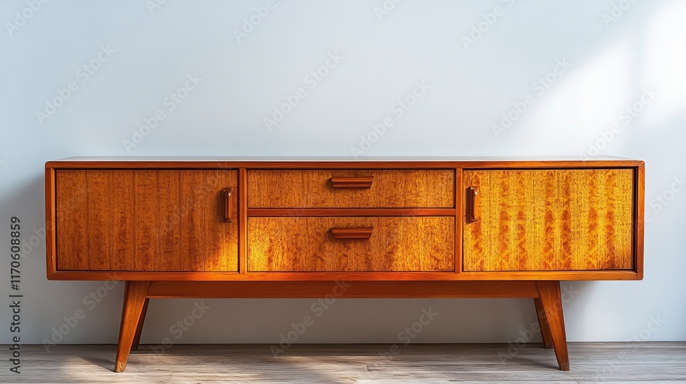 Poster a minimalist sideboard with simple design, placed in front of a large blank white wall, creating a c