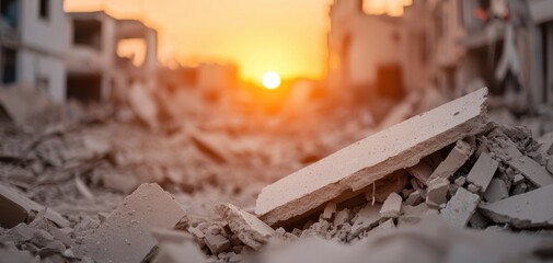 Natural disasters earthquake preparedness concept. A desolate scene of rubble and debris at sunset, highlighting the remnants of a demolished building against a beautiful horizon.