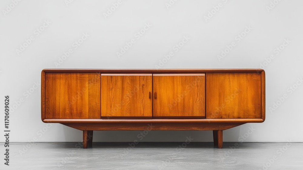 Aufkleber a minimalist sideboard with simple design, placed in front of a large blank white wall, creating a c