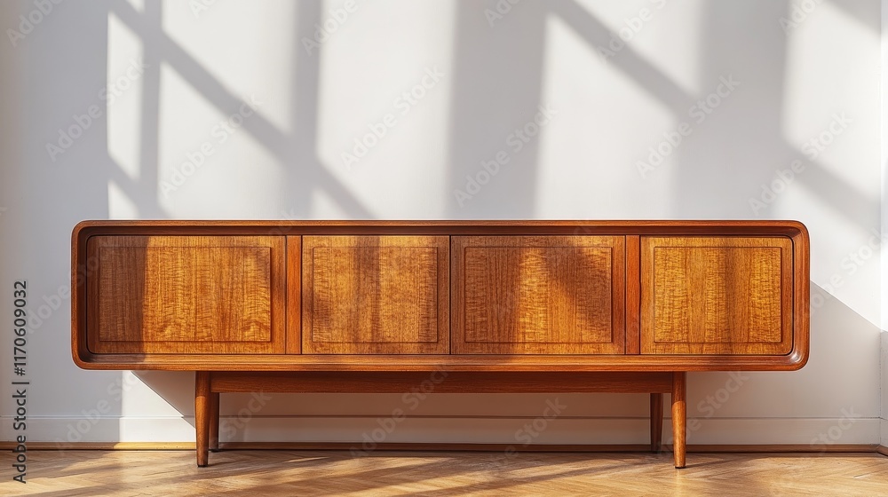 Poster a minimalist sideboard with simple design, placed in front of a large blank white wall, creating a c