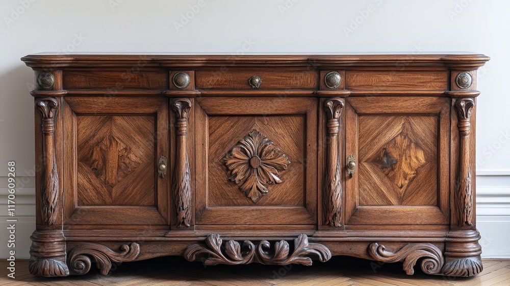 Poster a minimalist sideboard with simple design, placed in front of a large blank white wall, creating a c