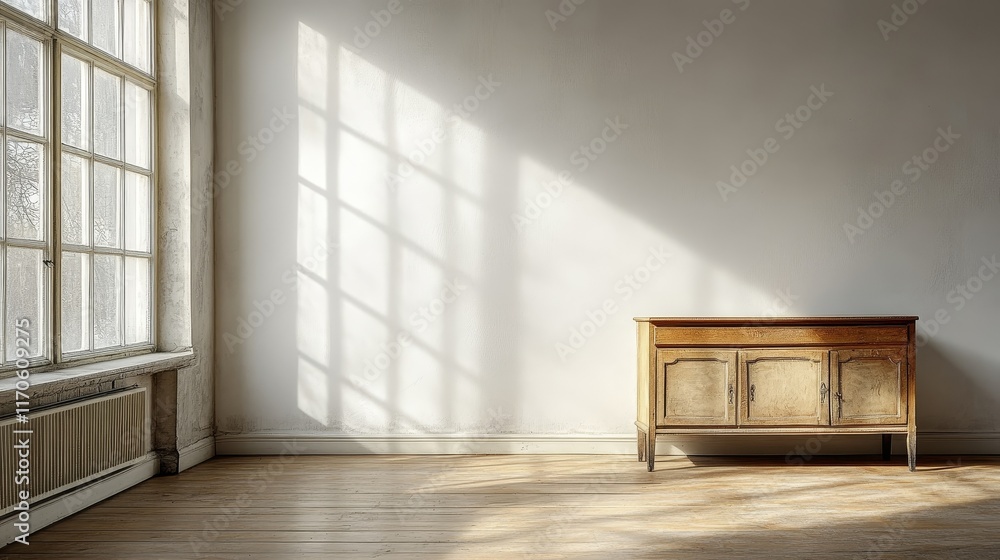 Poster a minimalist sideboard with simple design, placed in front of a large blank white wall, creating a c