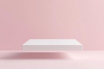 A white rectangular platform floating in the air, with a light pink background