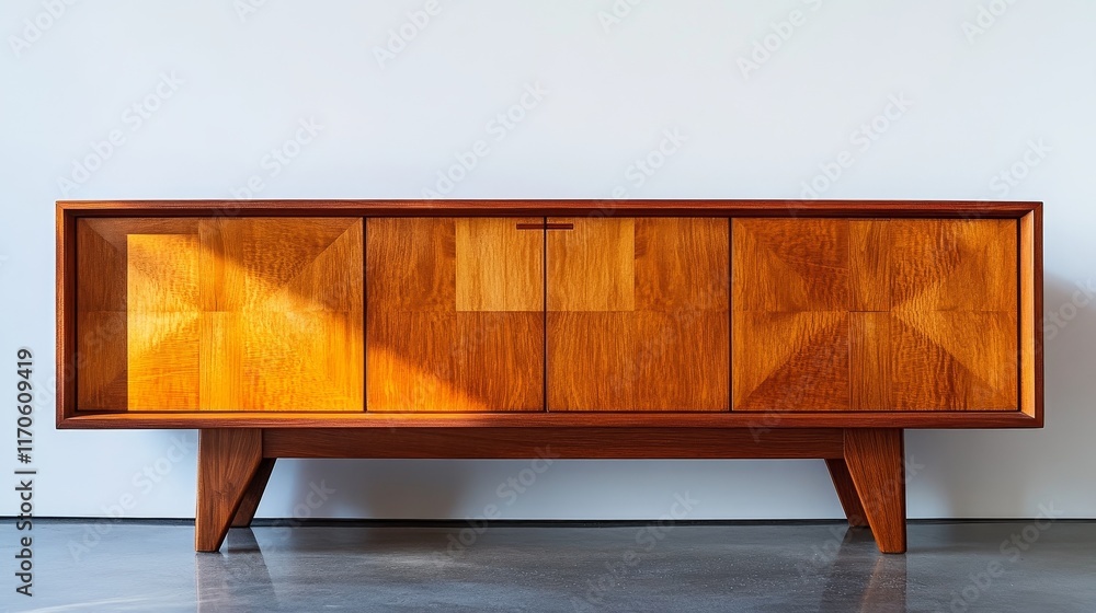 Poster a minimalist sideboard with simple design, placed in front of a large blank white wall, creating a c