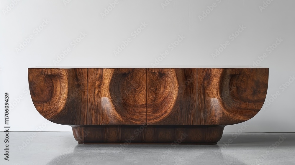 Poster a minimalist sideboard with simple design, placed in front of a large blank white wall, creating a c