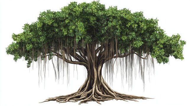 48.A beautiful vector artwork of a grand banyan tree with its thick trunk and expansive network of hanging roots, isolated on a white background. The simple yet intricate design captures the unique