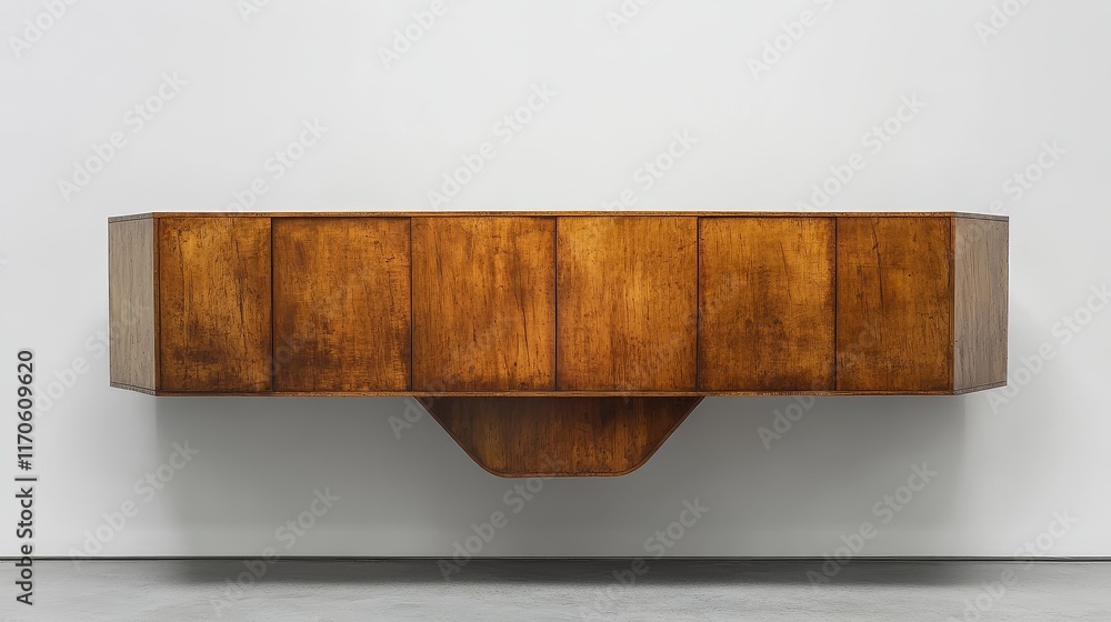 Poster a minimalist sideboard with simple design, placed in front of a large blank white wall, creating a c
