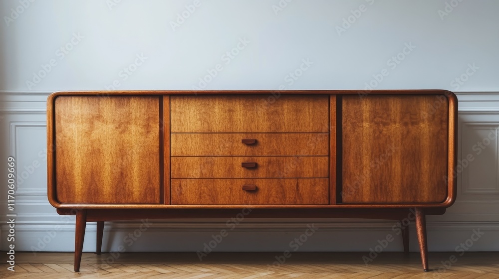 Poster a minimalist sideboard with simple design, placed in front of a large blank white wall, creating a c