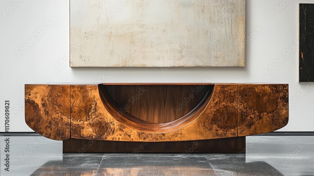 Poster a minimalist sideboard with simple design, placed in front of a large blank white wall, creating a c