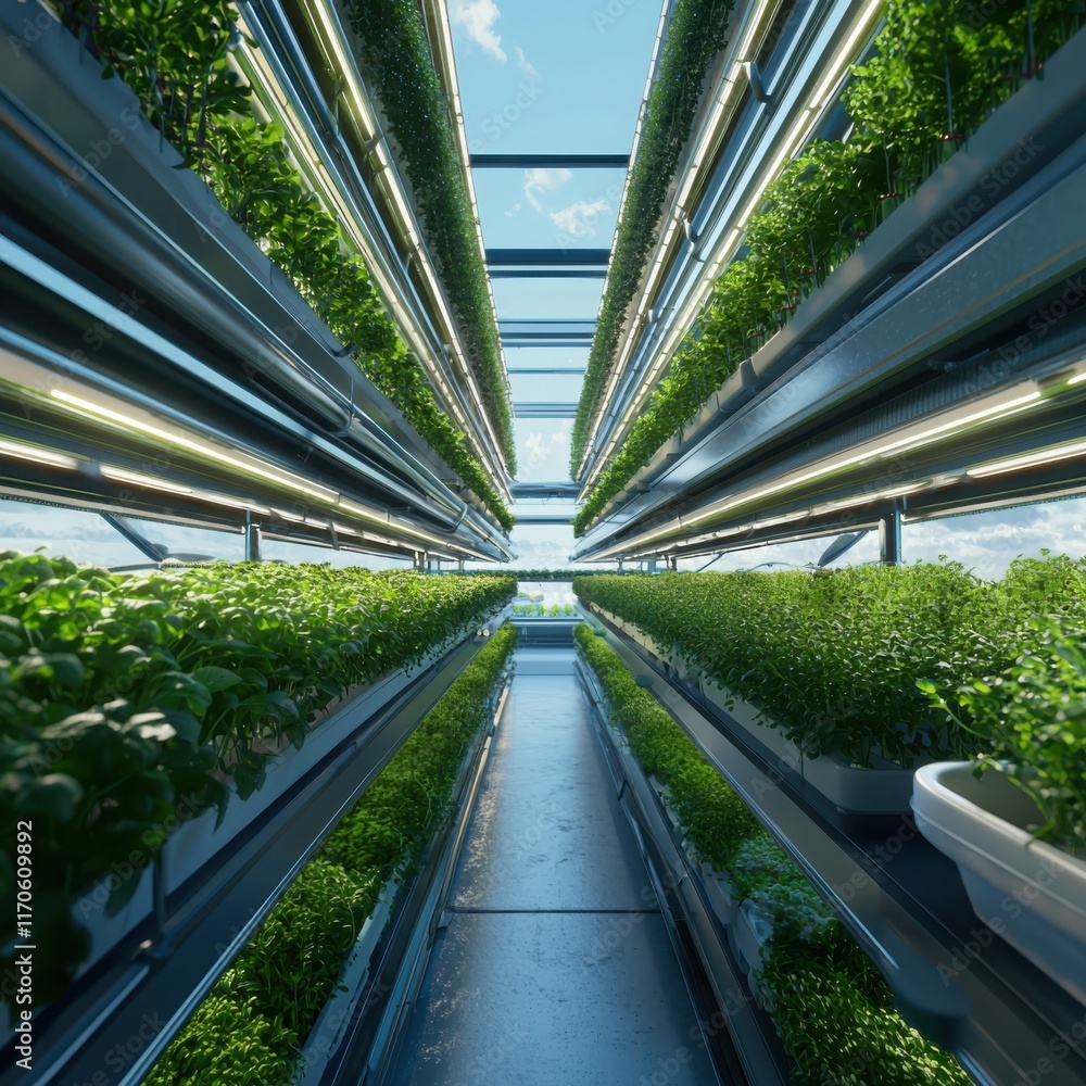 Poster revolutionary vertical farming techniques utilizing advanced hydroponics and robotic assistants in a
