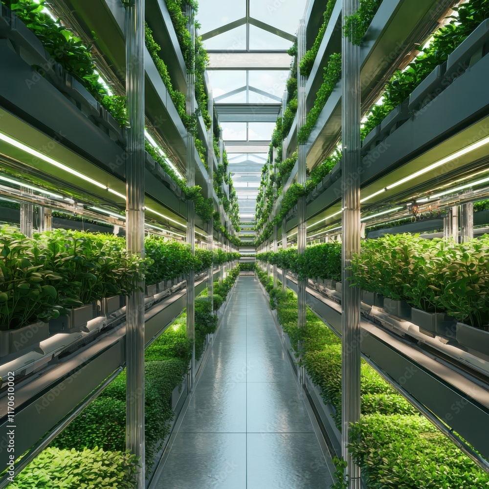 Poster futuristic vertical farm with advanced hydroponics and robotic assistants innovative agriculture hig