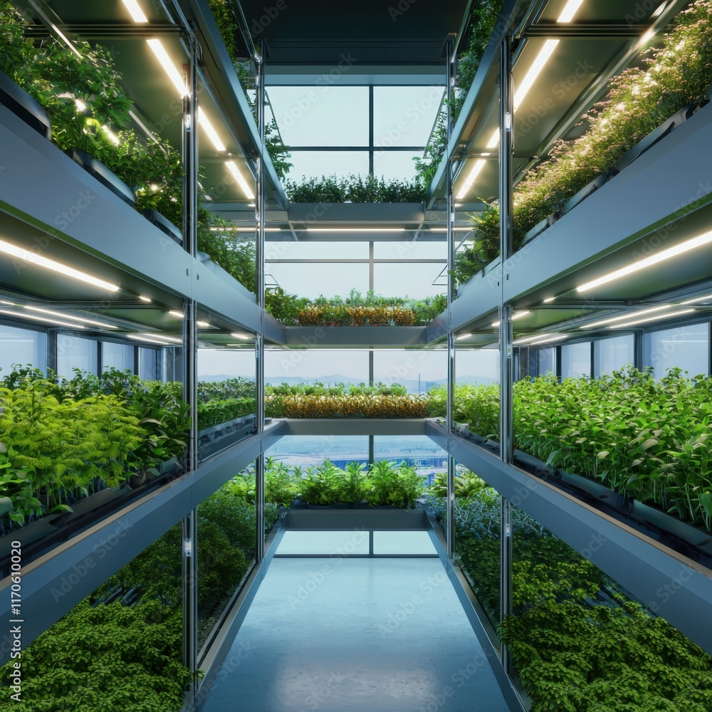 Poster revolutionizing agriculture vertical farm featuring advanced hydroponics and robotic assistants in a