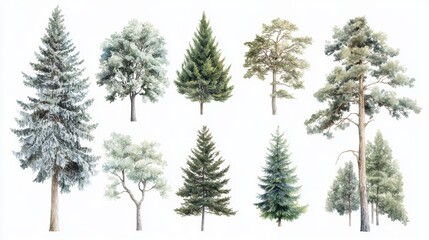 65.A collection of diverse trees in a vector format, displayed on a white background. This set includes trees with dense, leafy canopies, elegant tall trunks, and varying foliage textures, from lush