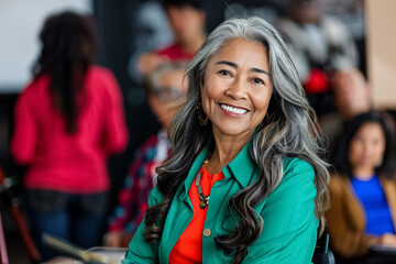A woman with gray hair is smiling and wearing a green jacket