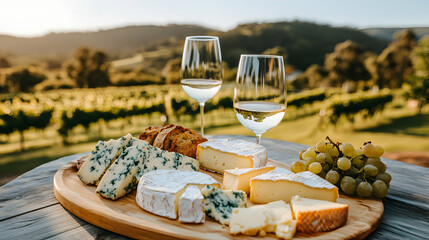 Enjoy a delightful wine and cheese tasting in a picturesque vineyard setting, bathed in the warm glow of sunset.