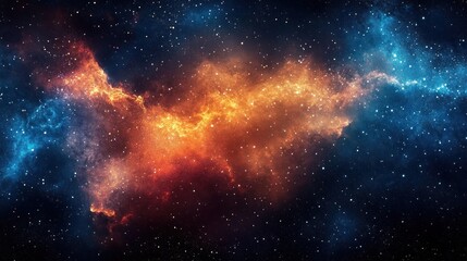 Naklejka premium Vibrant Cosmic Nebula Background with Blue Orange Red and Black Noise Textures Abstract Expressionism Art