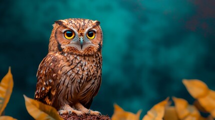 A majestic owl perched on a branch, showcasing its striking features against a blurred, colorful background.
