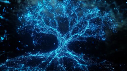 80.A futuristic, blue polygonal tree illustration where each branch splits into interconnected lines and data nodes. The design glows with neon blue highlights, symbolizing big data and network