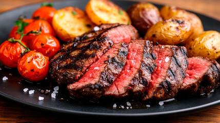 Sliced Grilled Steak with Roasted Potatoes and Cherry Tomatoes