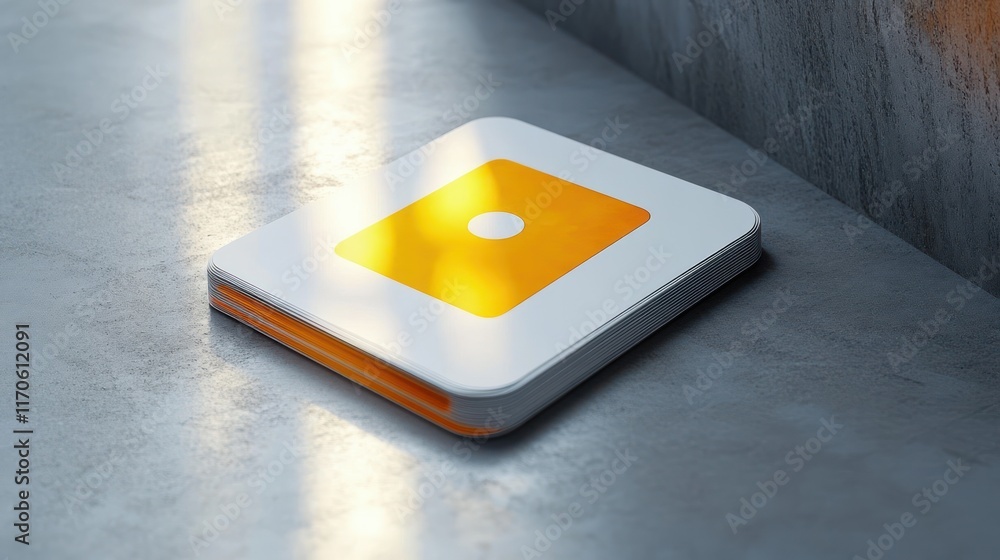 Poster minimalistic yellow document icon on gray background with soft shadows and smooth surface