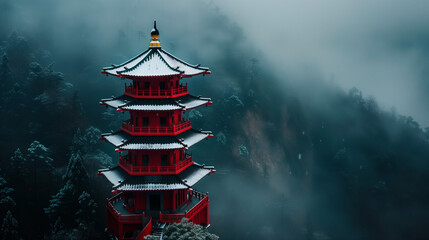 Snow-Covered Red Pagoda on Misty Mountainside