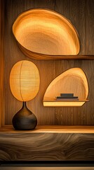 Illuminated niches and lamp on wooden wall.