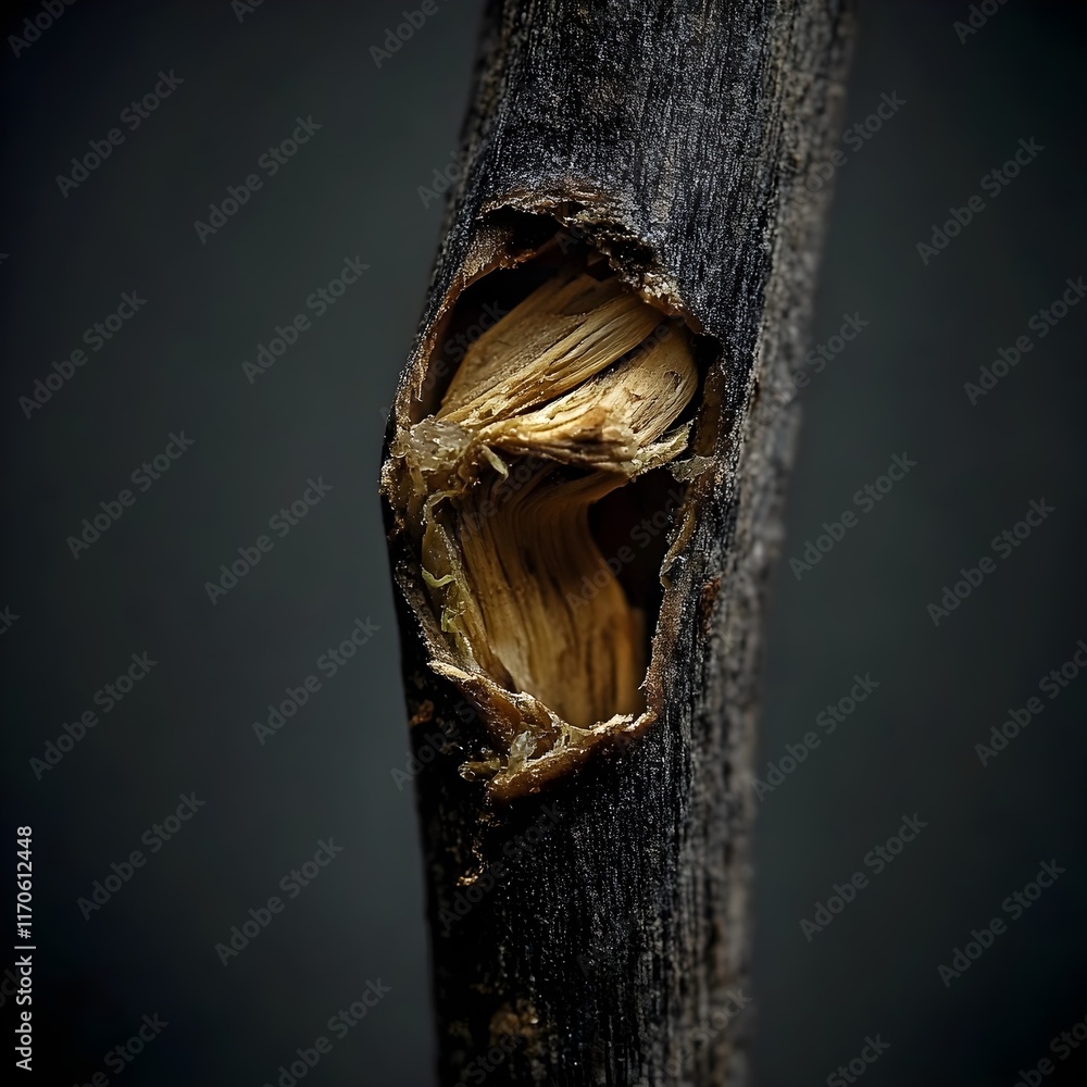 Poster close-up of a broken tree branch, showcasing its detailed texture and decay against a dark backgroun