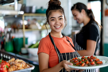 A woman in an orange shirt is smiling and holding a plate of food